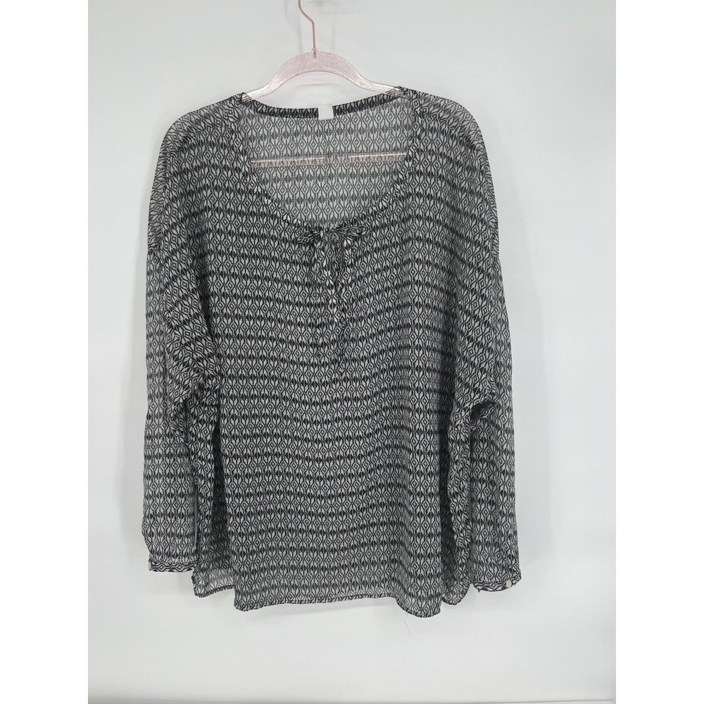 Old Navy Black White Blouse Top Flowy Long Sleeve Tie Neck Geometric Print XXL‎